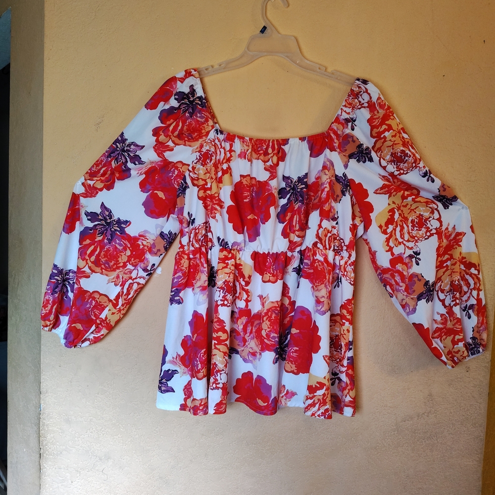 Red and White Smocked Peplum Blouse with 3/4 Sleeves